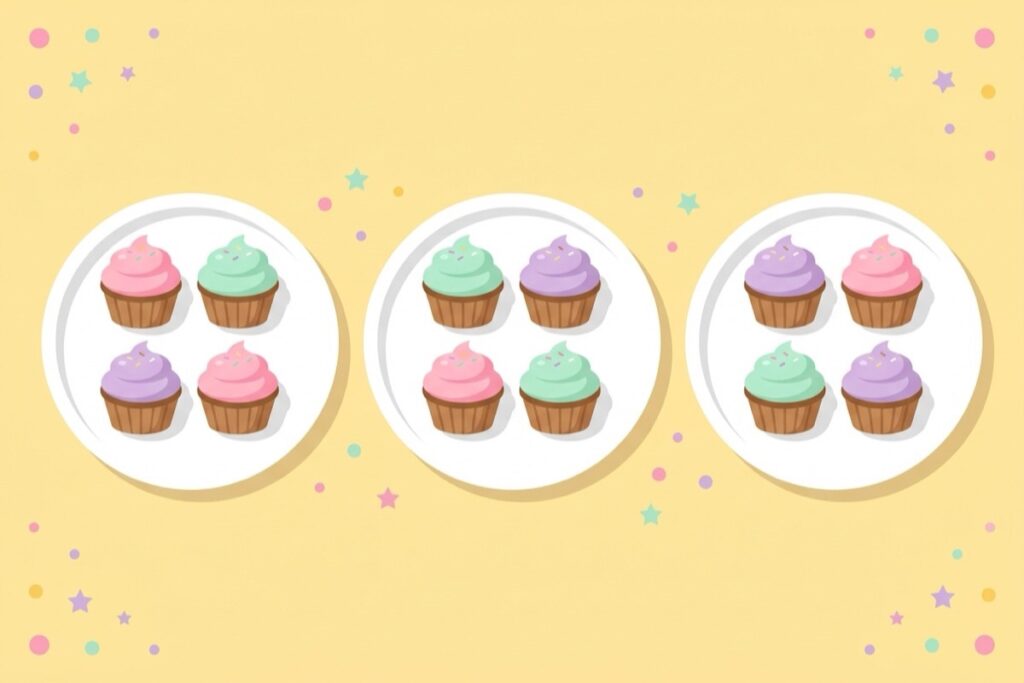 Illustration of twelve cupcakes shared equally on three trays